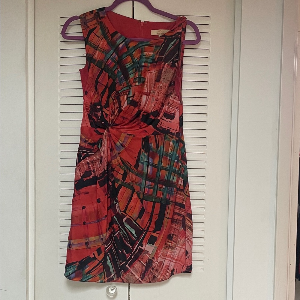 Aidan Mattox Red and Green Abstract Mini Dress